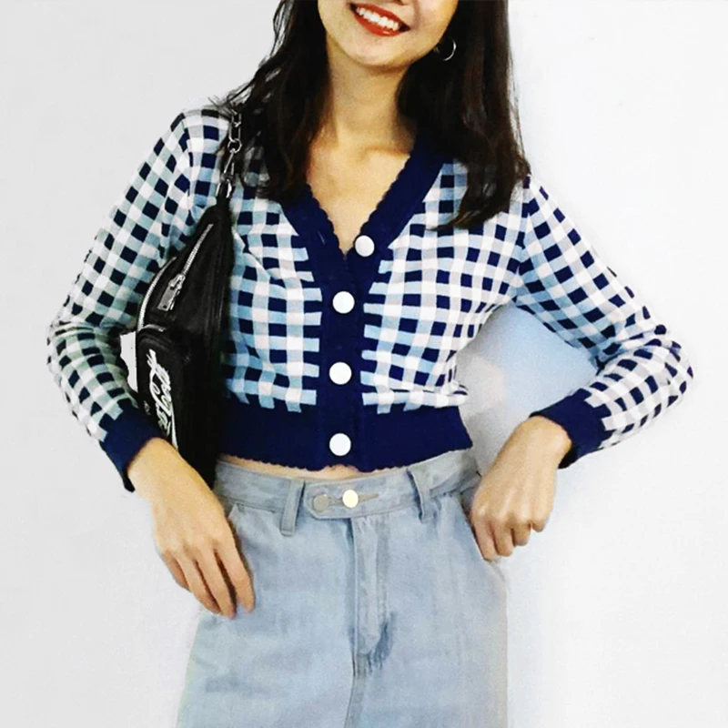 

Women Contrast Trim Check Cardigan In Blue Crop Knit Cardigan Draw-string Cardigans Women Deep V Neck Cropped Cardigan