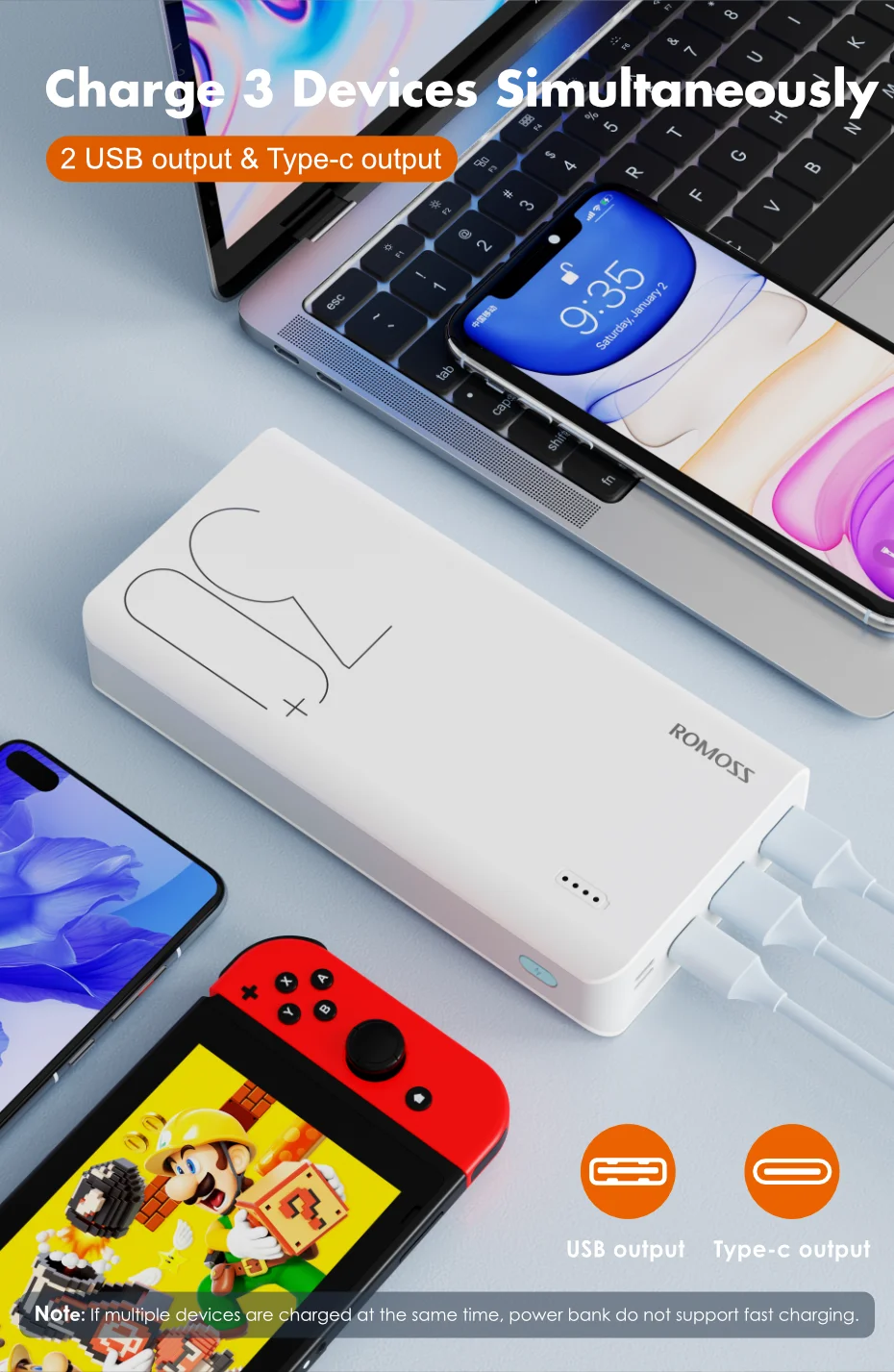 ROMOSS Sense 8+ Power Bank 30000mAh QC PD 3.0 Fast Charging Powerbank 30000 mAh External Battery Charger For iPhone 13 Xiaomi Mi