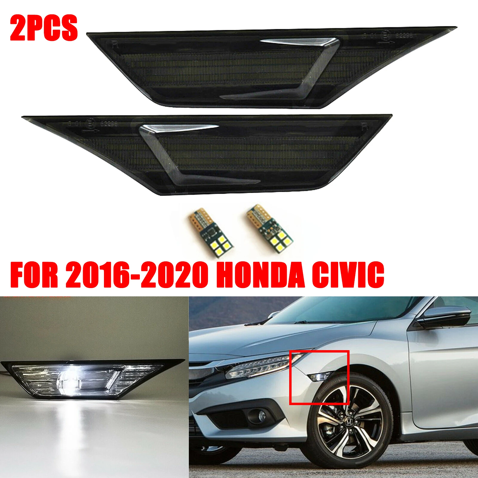 

For 2016-2019 Honda Civic Sedan Coupe Hatchback Smoked Side Fender Marker Lamp Turn Signal Light with LED Bulb for Car