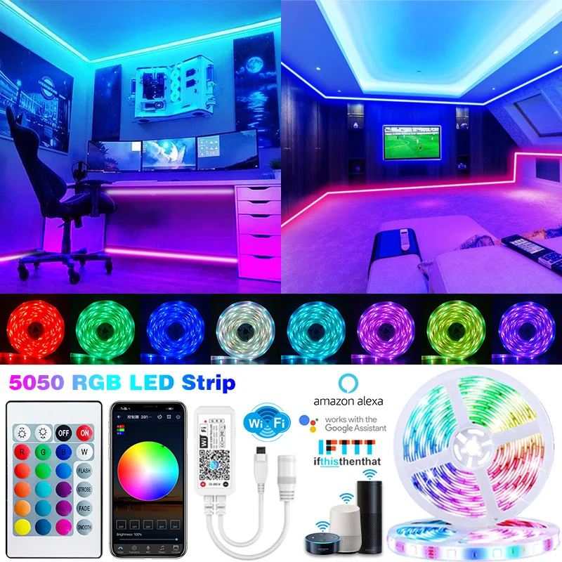 Wifi LED Strip Light Smart alexa Bluetooth Luces Led lamp RGB 5050SMD DC12V 5M 10M 15M-30M APP Control Flexible Tape Led Ribbon