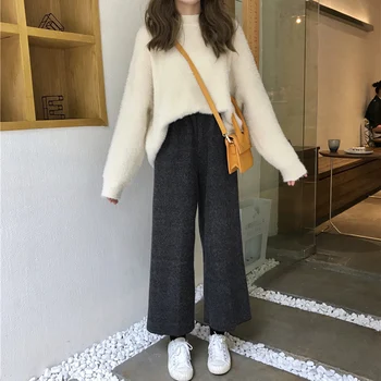 

2019 Korean Women Trousers Autumn Winter knitted Wide Leg Pants Elastic High Waist Female Casual Loose Pants