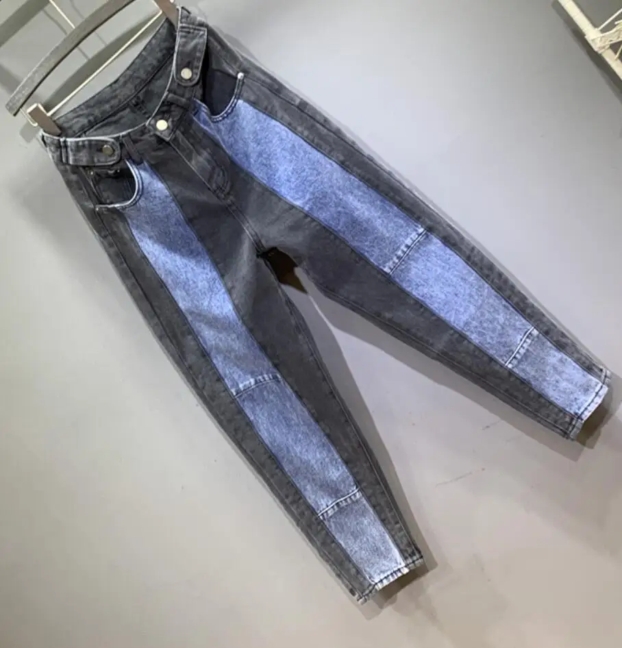 autumn new fashion stitching contrast color jeans women high waist loose carrot pants straight