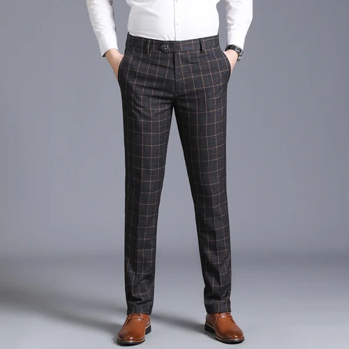 Клетчатые брюки мужские костюмные брюки обтягивающие классические деловые повседневные мужские мягкие брюки модные прямые брюки большого размера 29-36 38 - Цвет: Dark Gray