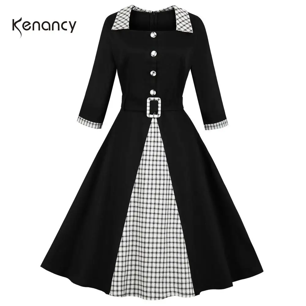 Kenancy, квадратный воротник, 3/4 рукава, женское винтажное платье, в клетку, из кусков, на пуговицах, с ремнем, Ретро стиль, вечерние платья, 60 s, свободное платье