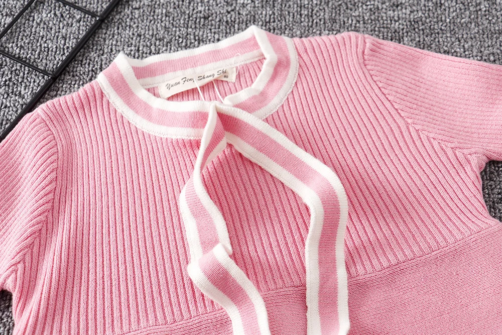 New Pink Brand Toddler Girl Fall Winter Knit Sweater Dress Lovely Bow Kids Winter Dresses Baby Long Sleeve Crochet Dress 0-5Y