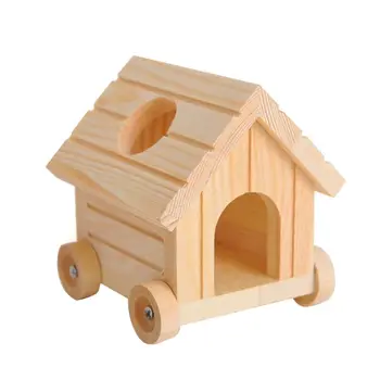 

Pet Rabbits Mouse Wooden Car House Cottage Hamster Nest with Wheel