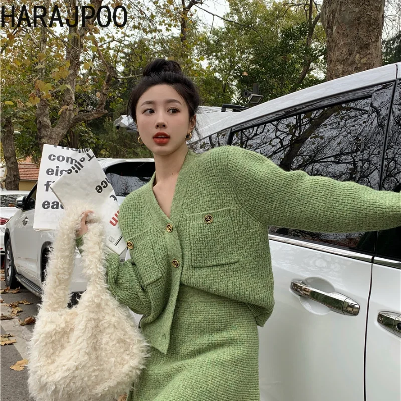 Cardigan Harajpoo Female Solid Green Korean Fashion Streetwear Women Jacket 2021 Autumn Winter New Chic Loose Knit Sweater |