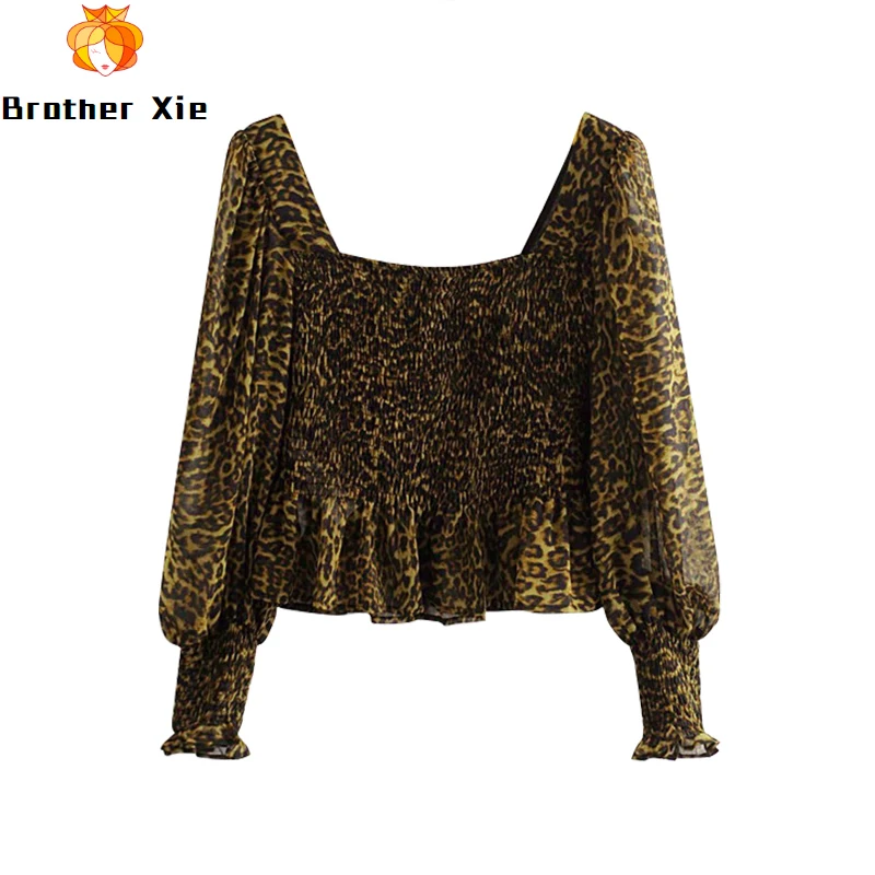 

Women Chic Leopard Print Chiffon Blouses 2020 Fashion Long Sleeve Stretch Bodycon Sexy Blouse Top Square Collar Vitnage Shirts