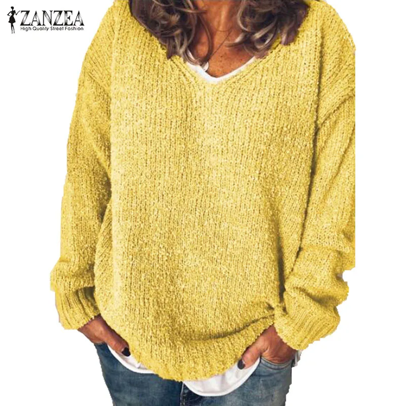 

2019 Autumn Solid Sweater ZANZEA Long Sleeve Sweaters Women Casual V Neck Knitted Pullover Fashion Loose Jumpers Tops Female 5XL