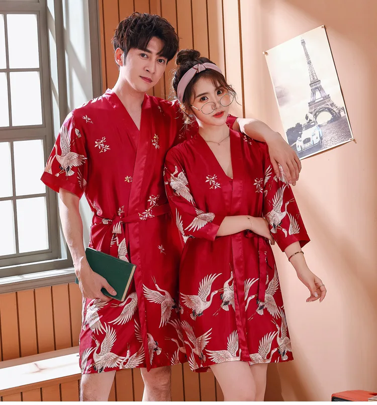 Принт кран любителей Satin Robe платье Для женщин кимоно, халат, одежда, Винтаж пара пижамы Невеста и жених свадебное платье