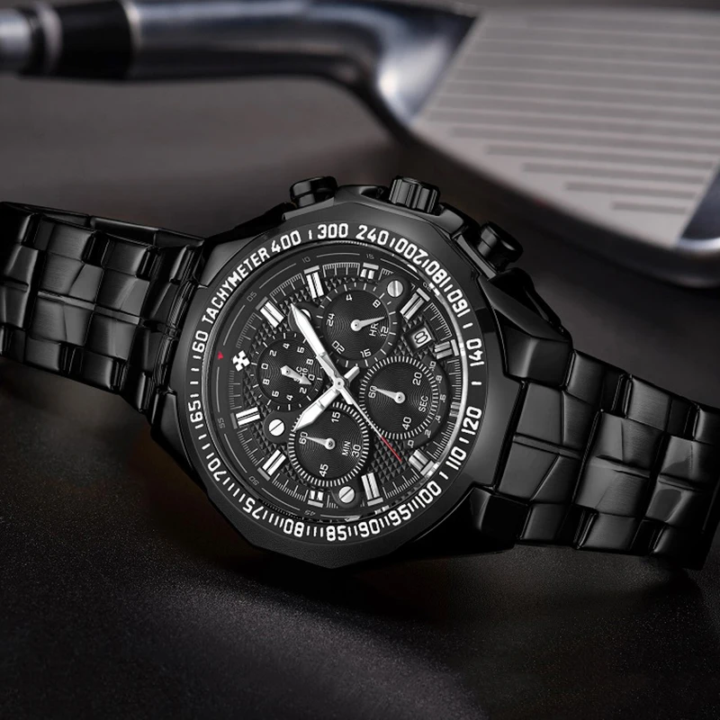 WWOOR Top Brand Luxury Sport Watch For Men Quartz Chronograph Date Luminous Black Full Steel Wrist Watch Male Clock Reloj Hombre