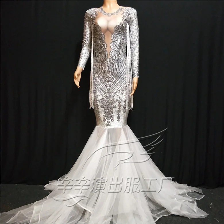 

2019 Summer Women New Sparkly Stones White Mesh Long Dress Birthday Party Celebrate Slim Dress Dance Net Yarn Trailing Dress