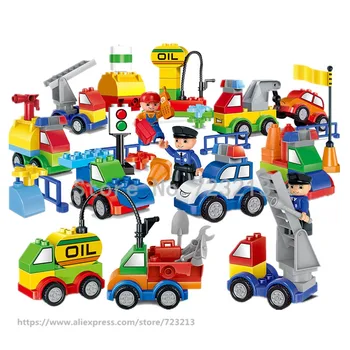 

105pcs Big Particles City Construction Car Policeman Figure Sprinkler Excavator Building Blocks Bricks Toys for Kids