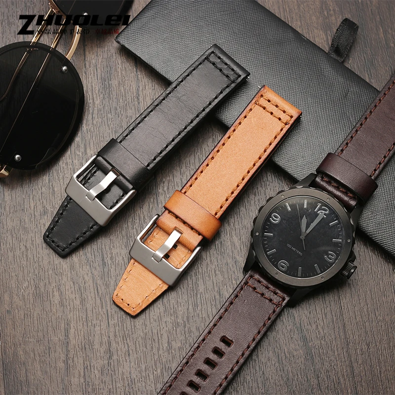 High-Quality Retro Quick Release Genuine Leather Watchband Strap - Black/Dark Brown, 22mm/24mm