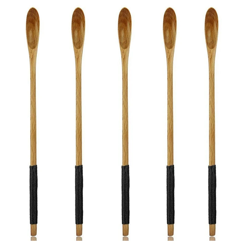 10 Pieces of Soup Spoon Natural Beech Wood Long Handle Drink Spoons Cocktail Household Items and Swizzle Stricks