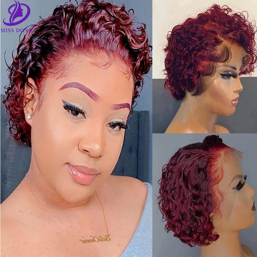 Hot Products! 99JBouncy Curly Short BOB Lace Wig Burgundy Lace Wigs For Red Pixie Cut Baby Hair 200 Density Bleached Brazilian Bouncy BOB Wigs