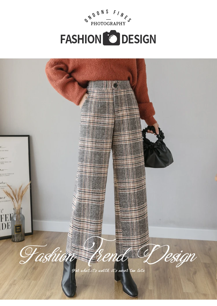 Pantalones de lana a cuadros mujer, pantalón grueso de ancha y alta, ropa de calle, otoño e 2019|Pantalones y pantalones capri| - AliExpress