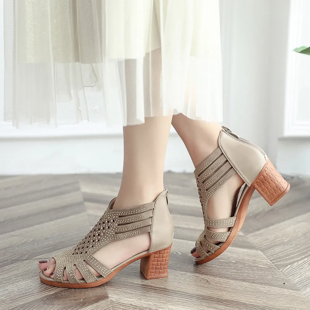 

Women Sandals Fashion Summer Crystal Hollow Out Comfort Square Heel Peep Toe Wedges Sandals High Heeled Shoes 2020 New