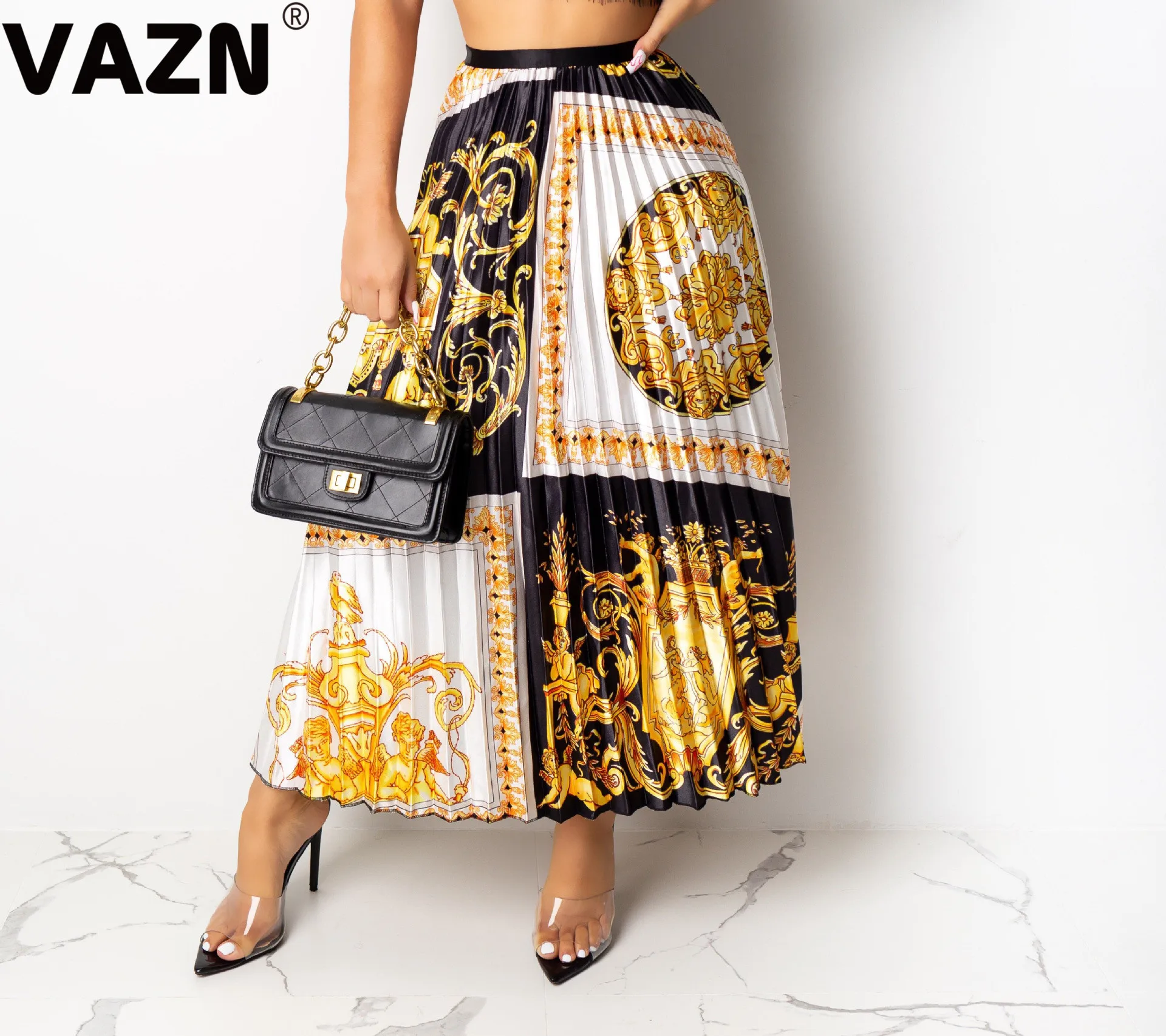 VAZN Новая мода распродажа юные плиссированные юбки с принтом и эластичным поясом винтажные юбки средней длины для ночного клуба Офисная Женская юбка