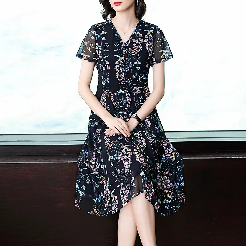 

Elasticity Printed Taiwan Yarn 2019 Summer Wear New Style Short-sleeve Dress Women's Nobility Elegant Overknee Skirt Large Size