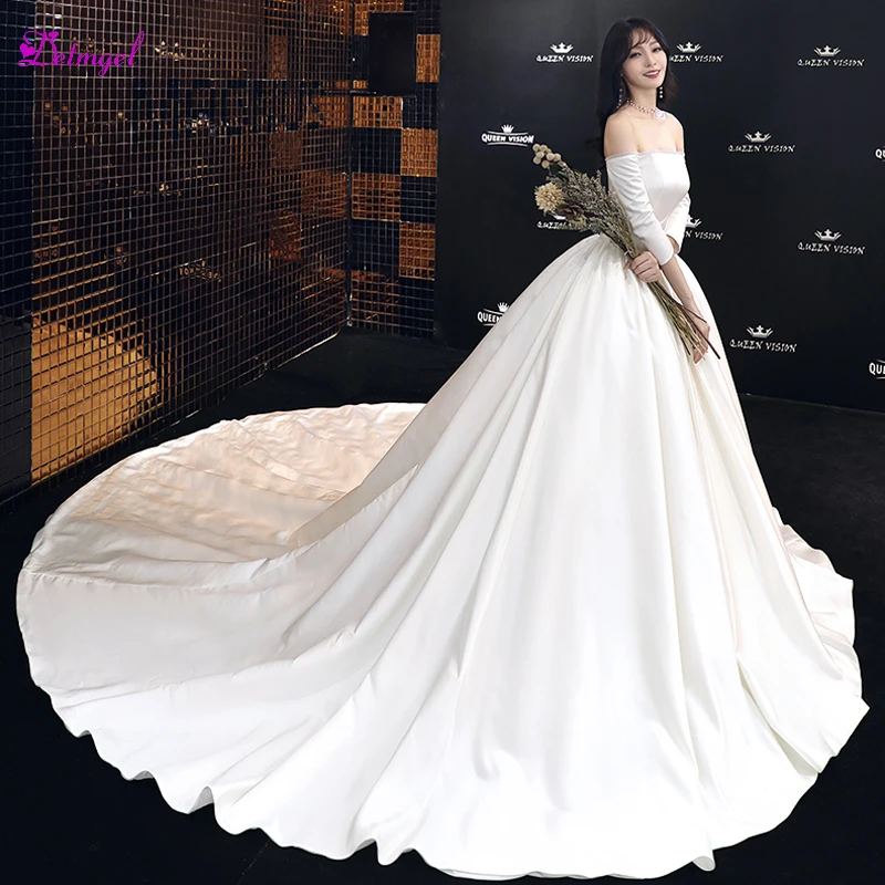 

Detmgel Romantic Boat Neck Lace Up A-Line Wedding Dresses 2020 Elegant Three Quarter Sleeve Satin Princess Bridal Gown Plus Size