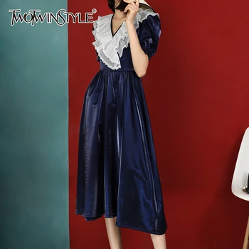 

TWOTWINSTYLE Vintage Patchwork Ruffle Women Dress V Neck Puff Short Sleeve High Waist Ruched Velvet Hit Color Dresses For Female