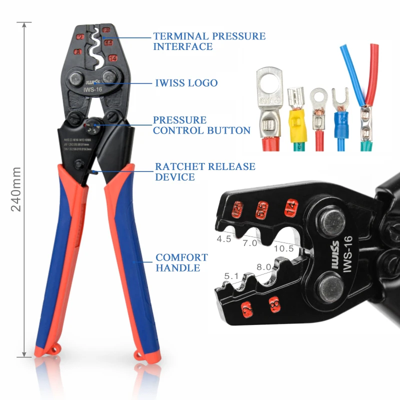 

IWS-16 crimper plier IWISS Ratchet Crimping Tool for Non-Insulated Terminals AWG 22-6 Polished Jaw Pressure regulating device