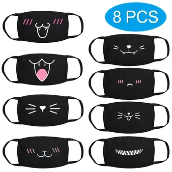 

8pcs Set Reusable Face Cover Cute Print Black Cotton Thick Breathable Coldproof Anti-bacterial Protection Dust Cover Mascarillas