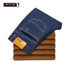 Зимние мужские джинсы Новые Классические деловые джинсы для мужчин утолщенные теплые прямые Стрейчевые мужские джинсы Брендовые брюки синие и черные
