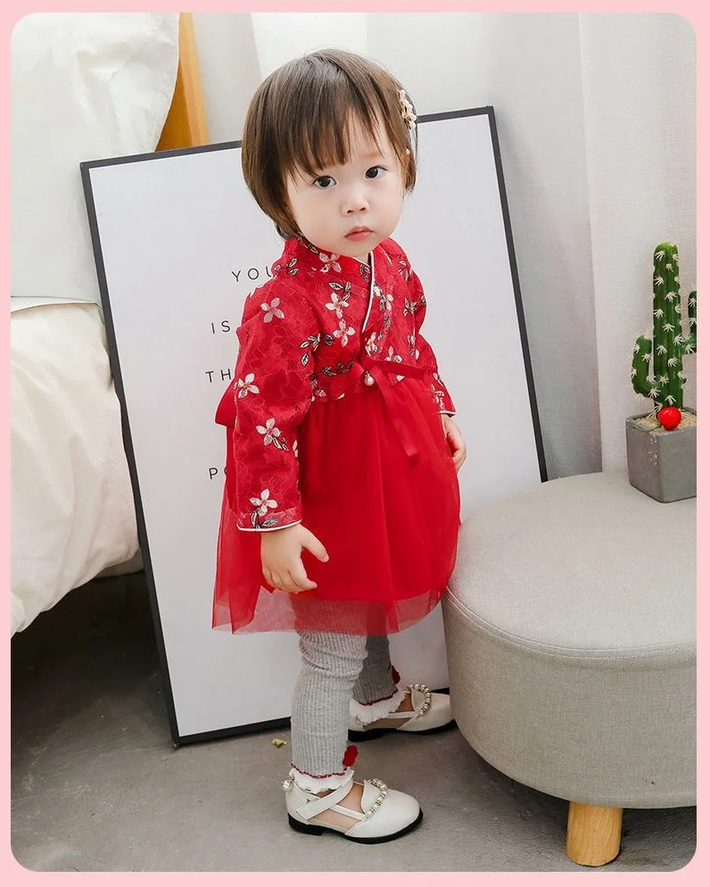 Весна и осень Новинки для девочек Детский костюм Cheongsam с вышивкой для девочек одежда с вышивкой в китайском стиле для маленьких девочек платье, пышное платье принцессы - Цвет: Красный