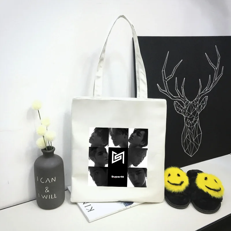 Kpop SuperM Print Canvas Shoulder Bag Handbag K-pop SuperM Zipper Storage Bag Shopping Bag Eco Bag Fans Collection Gift Dropship