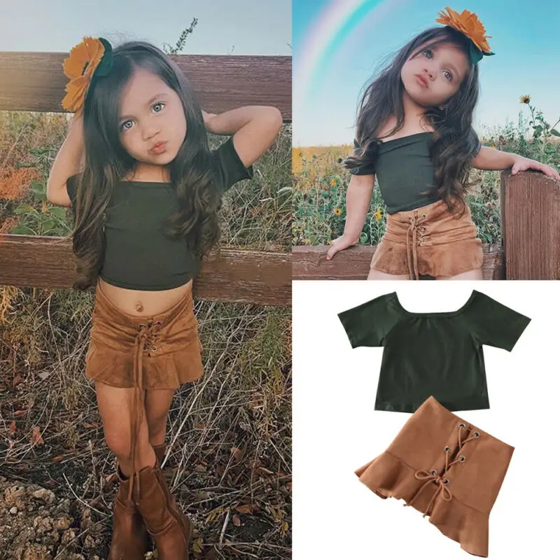 Модные комплекты одежды из 2 предметов для маленьких девочек От 1 до 6 лет топы с короткими рукавами, футболка юбка с оборками