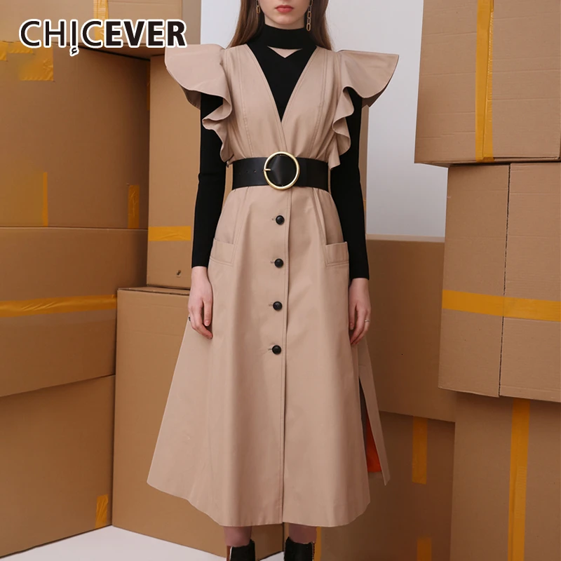 

CHICEVER Ruffles PU Leather Dresses For Women V Neck Butterfly Sleeve High Waist With Sashes Tunic Dress Female 2020 Fashion New