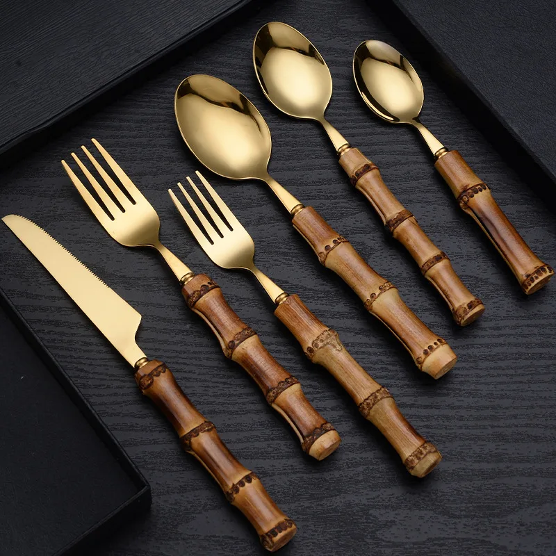 

Natural Bamboo Handle Dinnerware,Gold Stainless Steel Cutlery,Kitchen Silverware Flatware,Includes Forks Spoons Knives Tableware