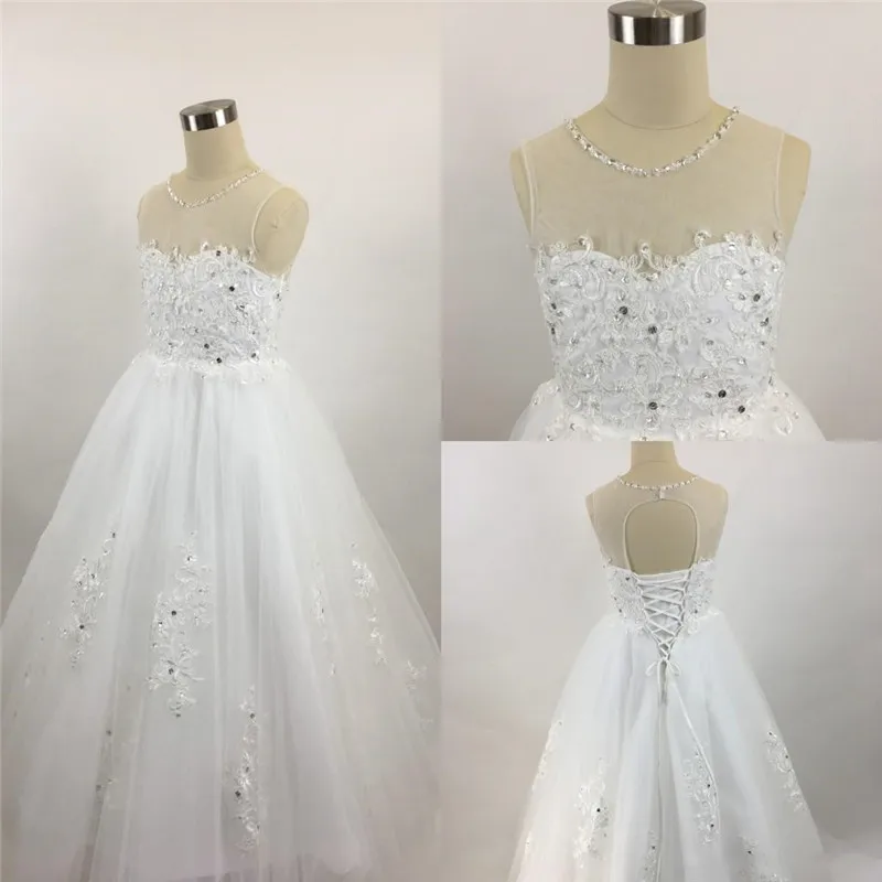 Платья с цветочным узором для девочек на свадьбу, кружевное платье с аппликацией, иллюзионное платье с открытой спиной и бисером для девочек на день рождения