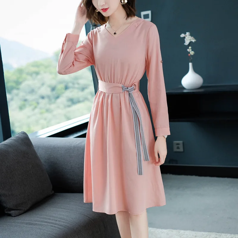 

Pink Dress Waist Slimming Female Temperament Elegant 2020v Collar Nine Points Sleeve Elastic Waist Slim Fit Skirt