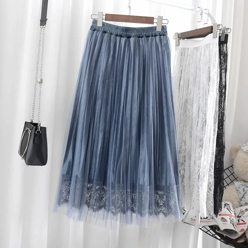 Gold Velvet High Waist Pleated Skirt Mesh Tulle Lace Stitching Sequin Bead Plus Size Two-tiered black Long Skirts women Clothes - Цвет: 8825blue