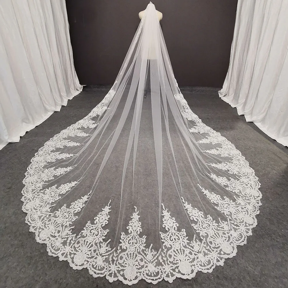 Lace Veil Real Photos Long Lace Bridal Veil Comb 3.5 Meters 1 Layer Cathedral Wedding Veil Wedding Accessories