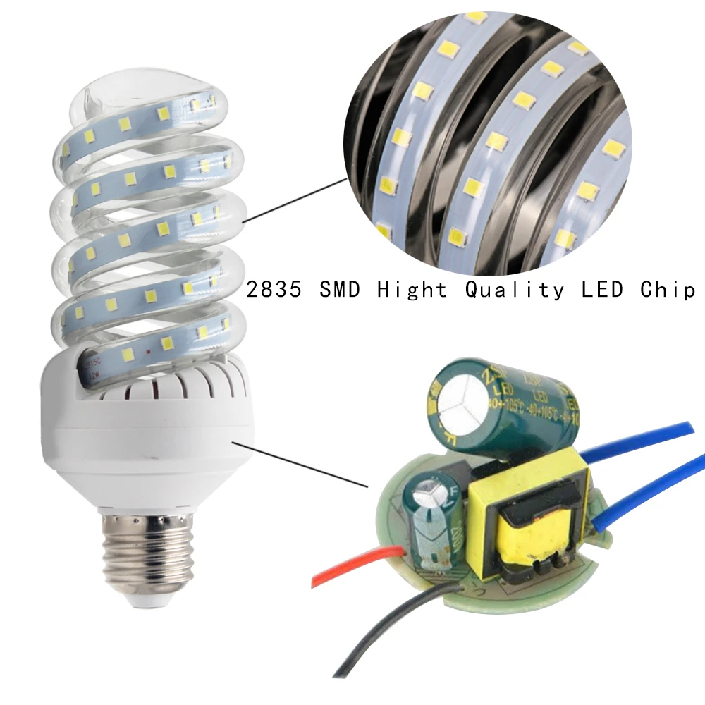 Светодиодный светильник E27 85-265 в, светодиодный светильник 2835 SMD, энергосберегающая лампа, светодиодный спиральный светильник 5 Вт 7 Вт 9 Вт 12 Вт 16 Вт 20 Вт 24 Вт 32 Вт 40 Вт 50 Вт