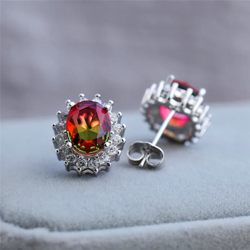 Cute Female Blue Oval Stud Earrings Simple Crystal Silver Zircon Stone Earrings For Women Luxury Vintage Wedding Earrings