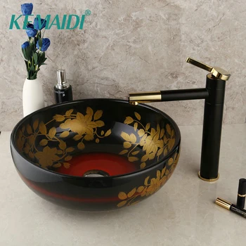 

KEMAIDI Black Ceramic Washbasin Vessel Lavatory Basin Bathroom Sink Bath Combine Brass Vessel Vanity Tap Mixer Faucet Sets