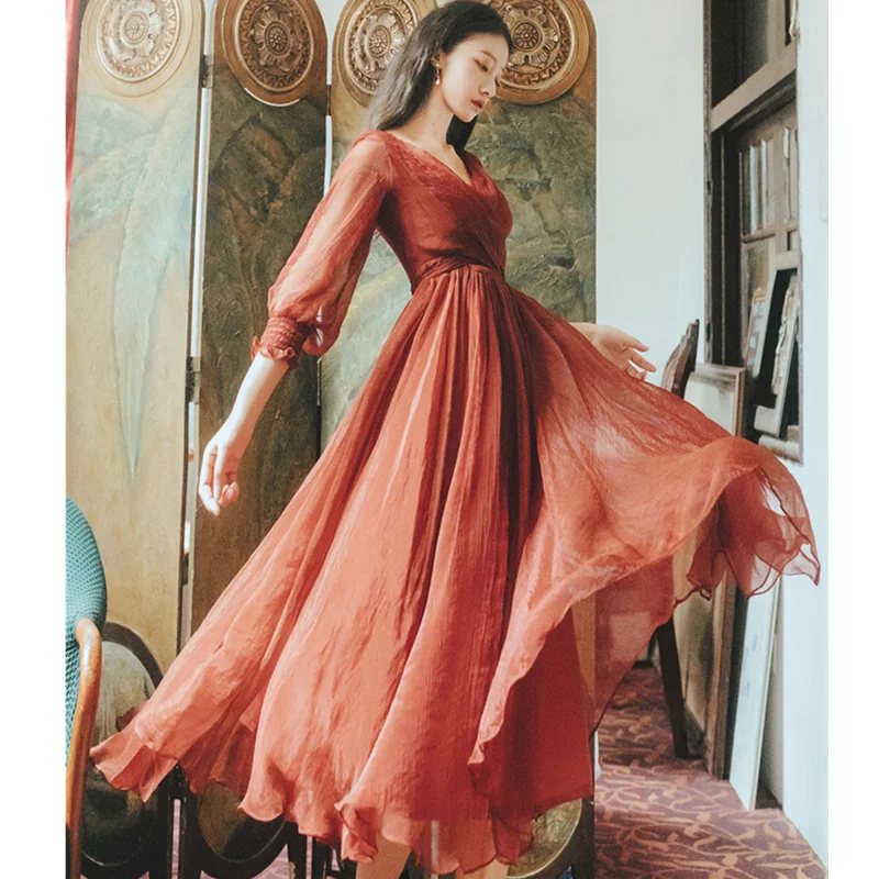 

Lantern Sleeve Summer Autumn Long Dress Elegant Women Vintage V Neck Lace-up Waisted Rayon Silk Red Dress lange jurken