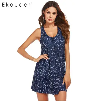 

Ekouaer Women Mini Nightdress Summer Sleepwear V-Neck Sleeveless Polka Dot Homewear Nightdress Female Chemise Nighties