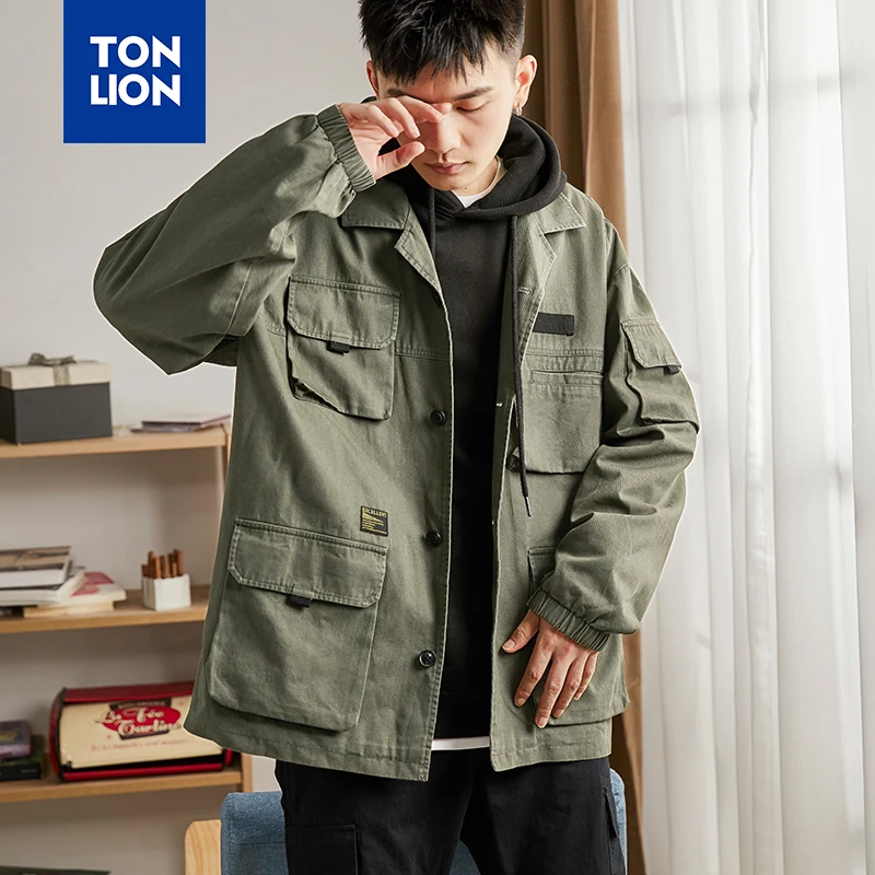 

TONLION 2020 New Jacket Men Autumn Spring Mens Outerwear Jackets Multi Pockets Turn-down Collar Mens Tops Loose Solid Cotton OL