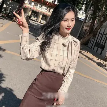 

Autumn Korea Casual Long Sleeve Chiffon Shirts Bow Lace Up Loose Blouse Elegance Plaid All-Matched Shirts