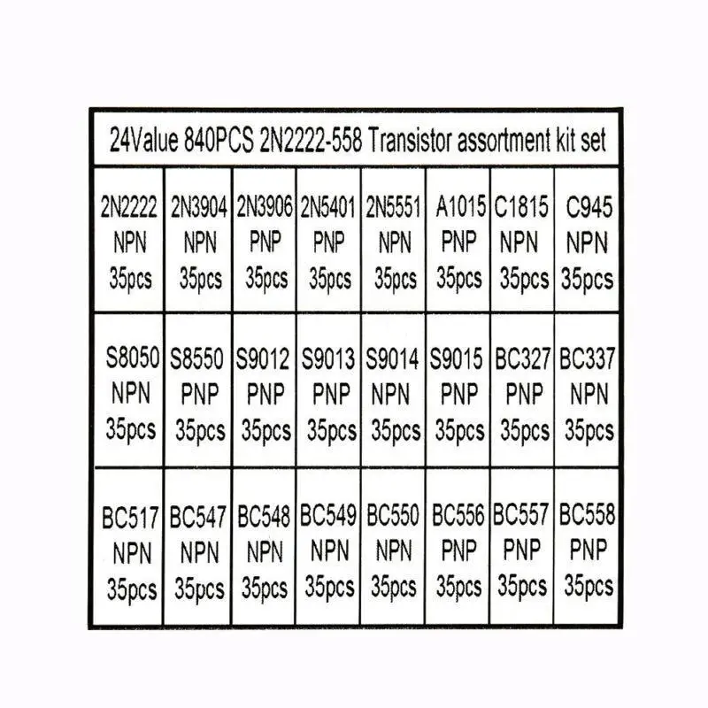 24 значение 840 шт Транзистор TO-92 ассортимент NPN PNP DIY Kit 2n22-s9018/BC327(упаковка коробки