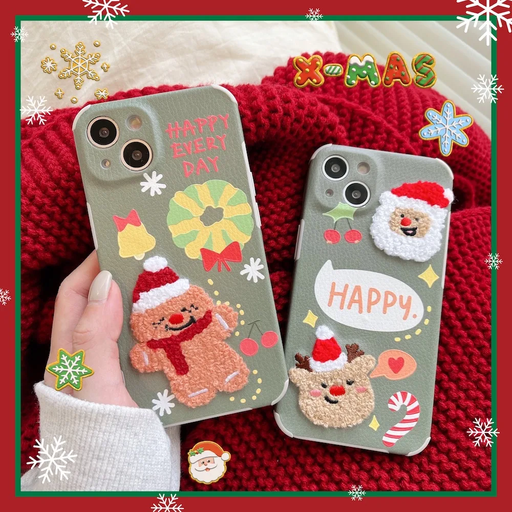 Santa Claus Christmas Gingerbread Man Elk Embroidery Phone Case for IPhone 13 12 11 Pro Max XR XS X 7 8 Plus Leather Cover | Мобильные