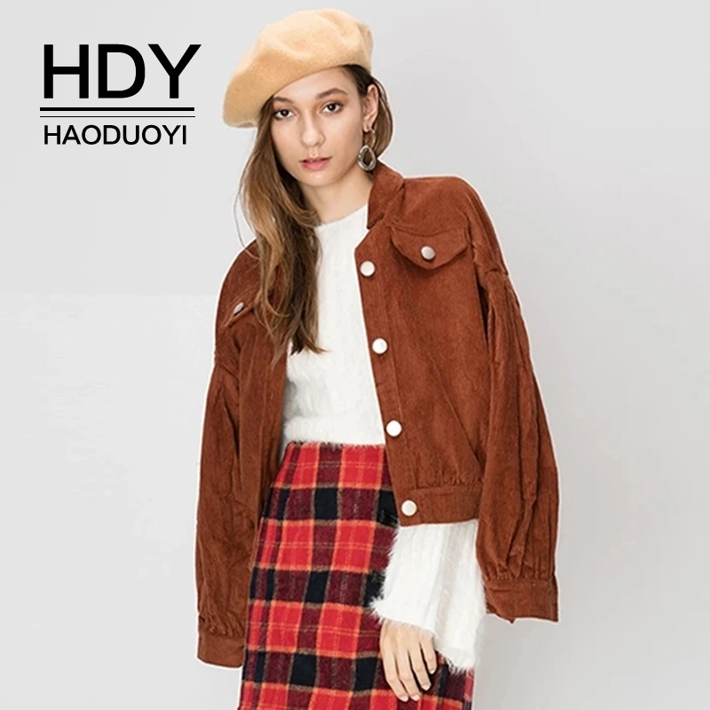 

HDY Haoduoyi New Arrival Autumn Fashion Casual Simple Corduroy Falling Shoulders Long Sleeves Loose Silhouette Motorcycle Jacket