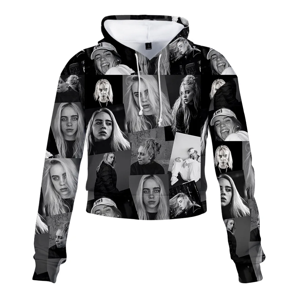 Billie Eilish сексуальные с высокой талией пупка укороченные топы для девушек Толстовка с капюшоном женские толстовки с 3D принтом модная спортивная одежда хип-хоп толстовки