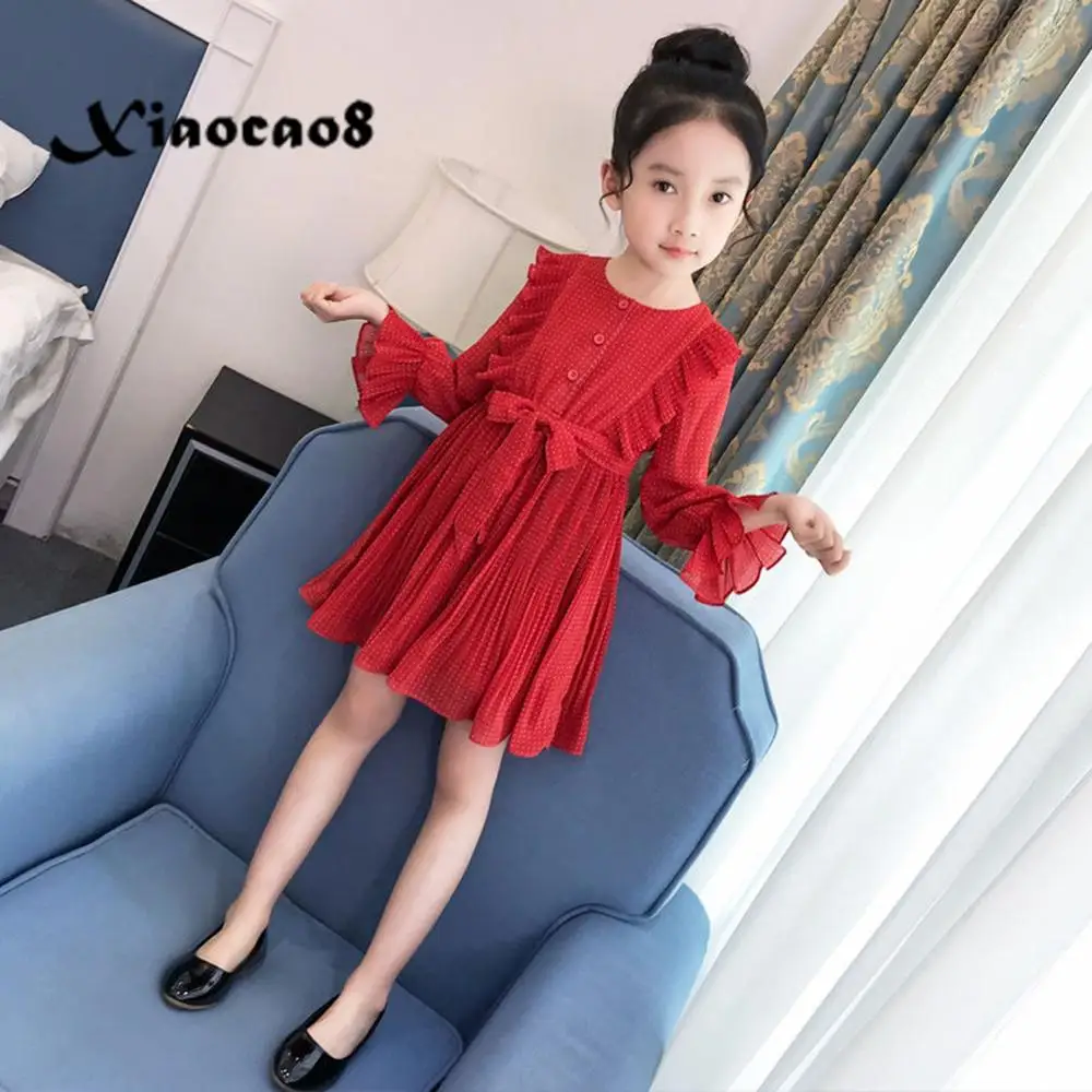 Girls Red Dot Chiffon Dress Kids Long Sleeve Ruffl...